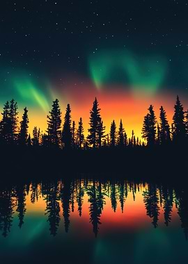 Aurora Borealis over Forest Reflection