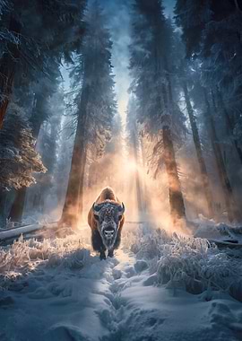 Bison in Winter Forest
