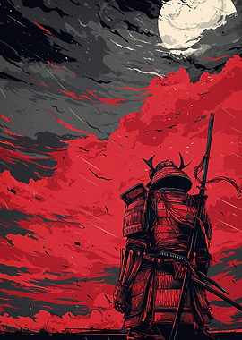 Samurai Warrior in Red Landscape