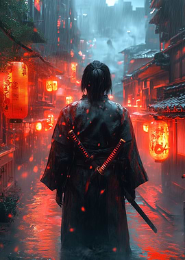 Samurai in Rainy Japanese Street