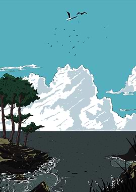 Coastal Landscape with Birds and Clouds