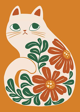 Whimsical Cat Art Print, Floral Cat Poster, Cottagecore Animal Wall Decor, Animal Lover Gift