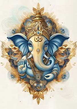 Ganesha Illustration in Blue and Gold