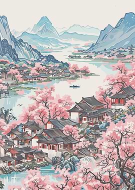 Asian Village with Cherry Blossoms