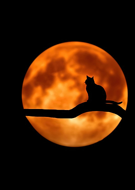 Cat Silhouette on Branch with Moon