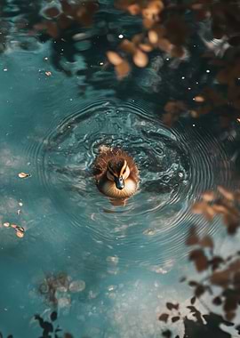 Duckling swimming in teal water