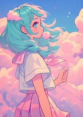 Anime Girl with Cotton Candy Clouds