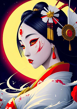 Japanese Geisha with Moon Background