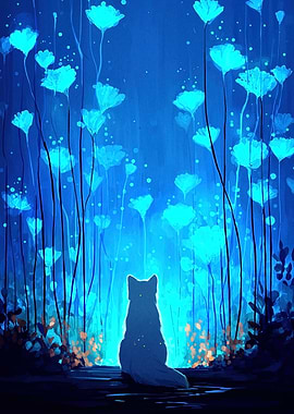 Blue Floral Forest with Fox