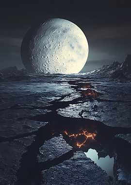 Cracked Planet Surface with Moon