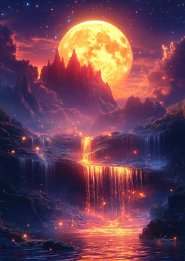 Fantasy Landscape with Moon and Waterfall