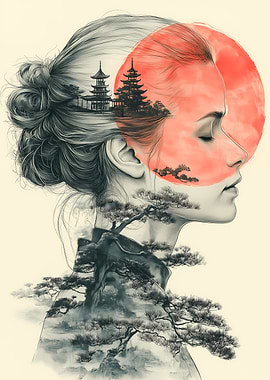 Japanese Woman with Landscape Double Exposure