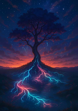 Mystical Tree with Glowing Roots