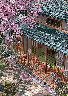 Japanese House with Cherry Blossoms