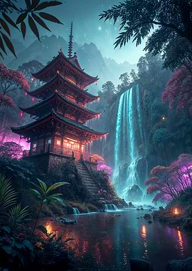 Japanese Pagoda and Waterfall Landscape
