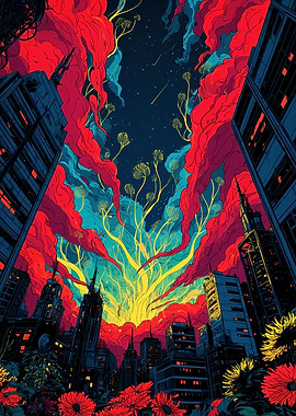 Surreal Cityscape with Floral