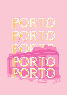 Porto Tram Pink and Yellow Travel Art