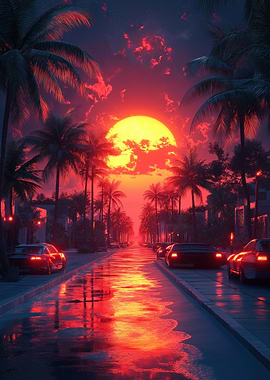 Sunset Street with Palm Trees and Cars