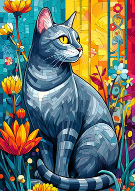 Mosaic Cat in Floral Garden