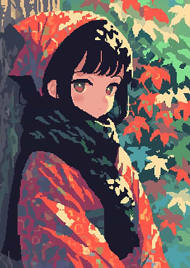Anime Girl in Autumn Leaves Pixel Art