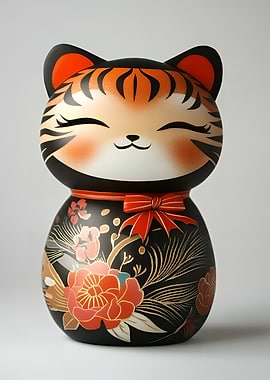 Floral Tiger Daruma Doll Figurine