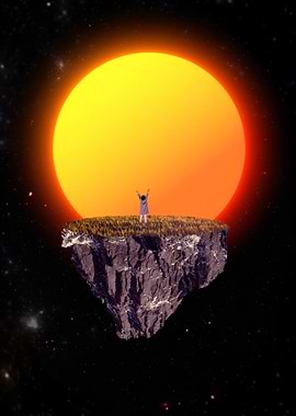 Cosmic Island, woman reaching for the Sun Among Stars