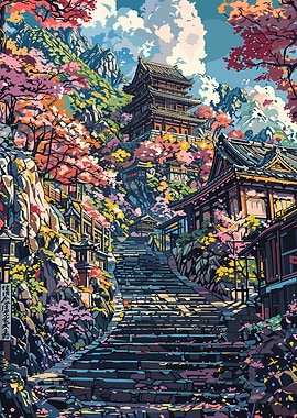 Japanese Temple and Cherry Blossoms