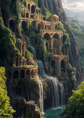 Waterfall Cityscape with Arches and Architecture