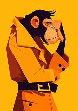 Thinking Chimpanzee in Trench Coat Funny Minimalist Animal Art illustration