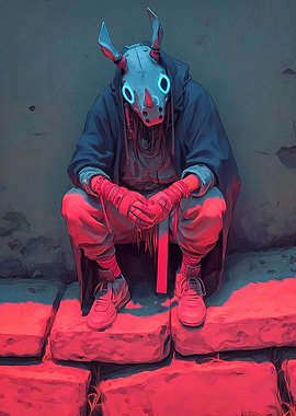 Cyberpunk Masked Figure on Stone Steps