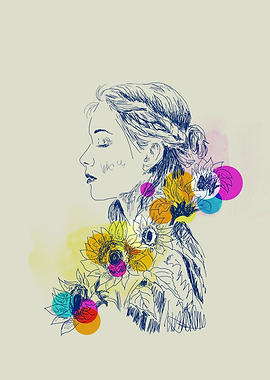 Woman with Sunflowers Sketch Art