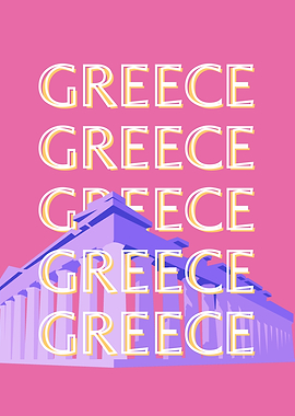 Greece Travel Art, Summer Retro Pink Travel Art