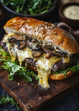 Mushroom and Cheese Burger on Wood