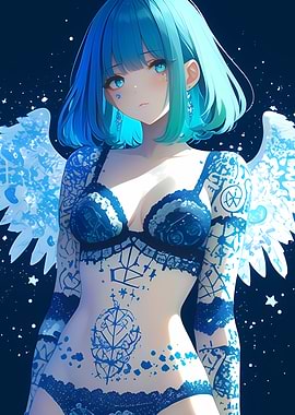 Blue-haired Angel with Tattoos Anime Girl Gaming