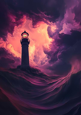 Lighthouse Amidst a Stormy Purple Sea Under a Glowing Sky