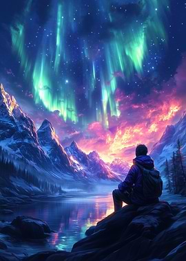 Aurora Borealis over Mountain Lake