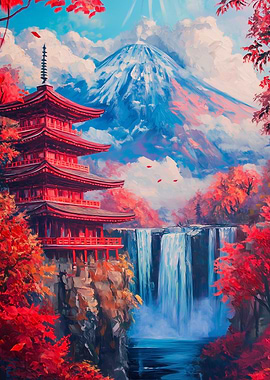 Japanese Pagoda with Waterfall and Mountain