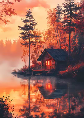 Cabin by the Lake at Sunset in Autumn