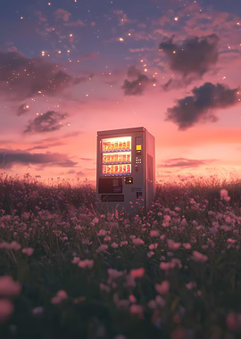 Vending Machine in a Field of Pink Flowers at Sunset