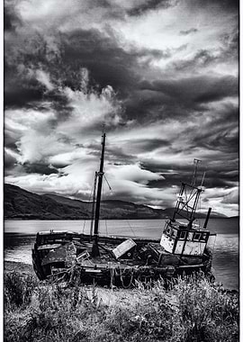 Black and White Shipwreck Landscape