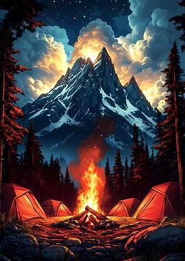 Mountain Camping with Bonfire at Night