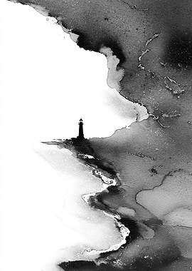 Monochrome Lighthouse Ink Wash Painting