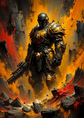 Armored Warrior with Gun in Fiery Landscape