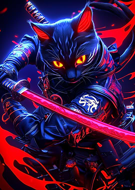 Samurai Bengal Cat Warrior with Red Katana Animal