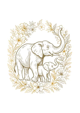 Elephant Mom and Baby Wall Art | Mother’s Day Gift from Daughter or Son | Hand-Drawn Gold Floral Illustration