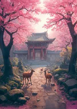 Deer in Cherry Blossom Garden