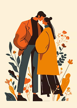 Autumn Couple in Love with Floral Background Boho Minimalist Art Illustration