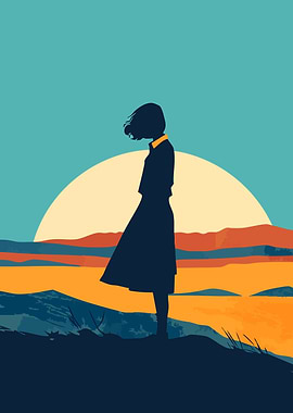 Silhouette of a Woman Desert Sunset Minimalist Pastel Art Illustration