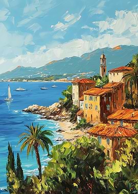 Coastal Town Painting with Sailboat