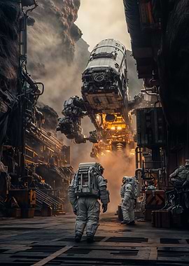 Astronauts in Industrial Sci-Fi Landscape